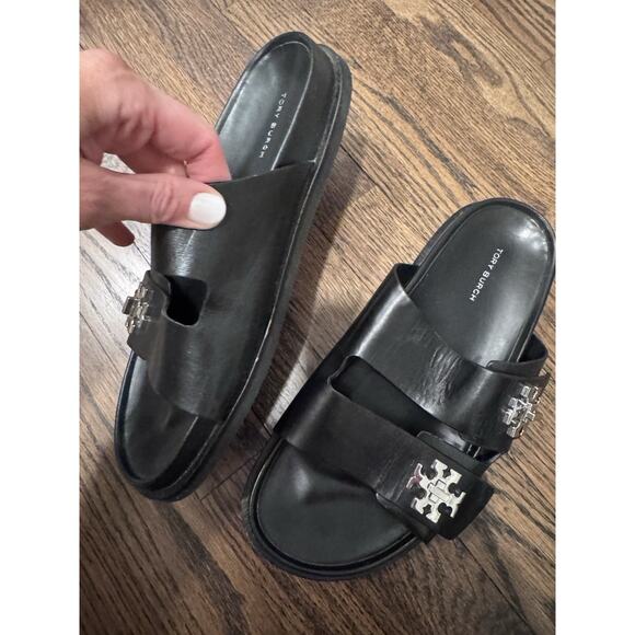 Tory Burch TURNLOCK SPORT SLIDE Black Leather Sz 9.5 Silver Logo Hardware - Picture 12 of 14
